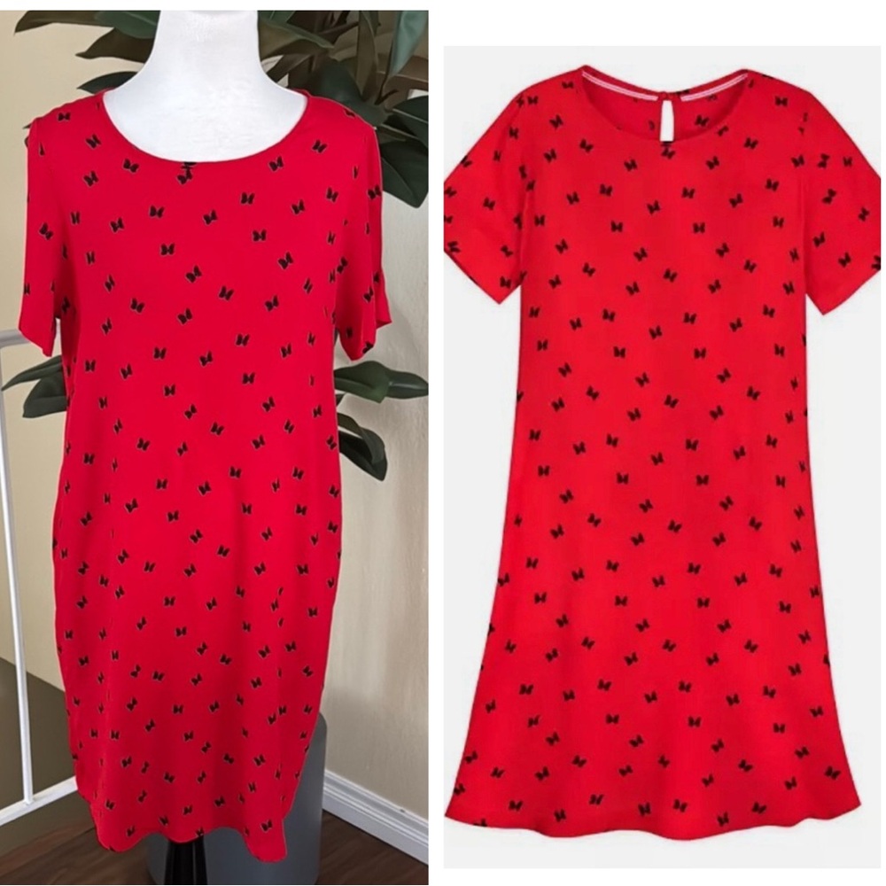 Disney Minnie Mouse Red Shift Dress With Black Bows All Over Print Size M